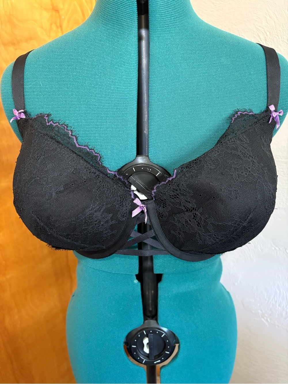 Cacique Black Lace Underwire Bra with Purple Accents
